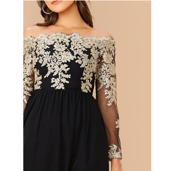 Off Shoulder Embroidered High Slit Maxi Dress Black Gold Long Sleeve - Picture 13 of 16